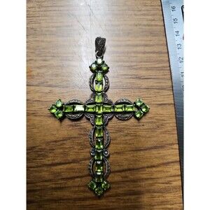 Vintage Silver Cross, Lime Green Cubic Zirconia, Crucifix, Vintage Jewelry Cross